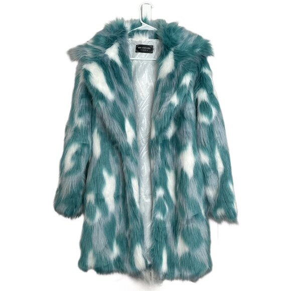 Teal blue/White Funky Printed Fur Coat - Picture 1 of 2